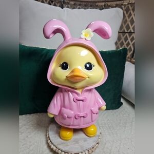 Cute Chick/Duck Figurine in Pink Bunny Raincoat – Easter Spring Decor Viral Htf